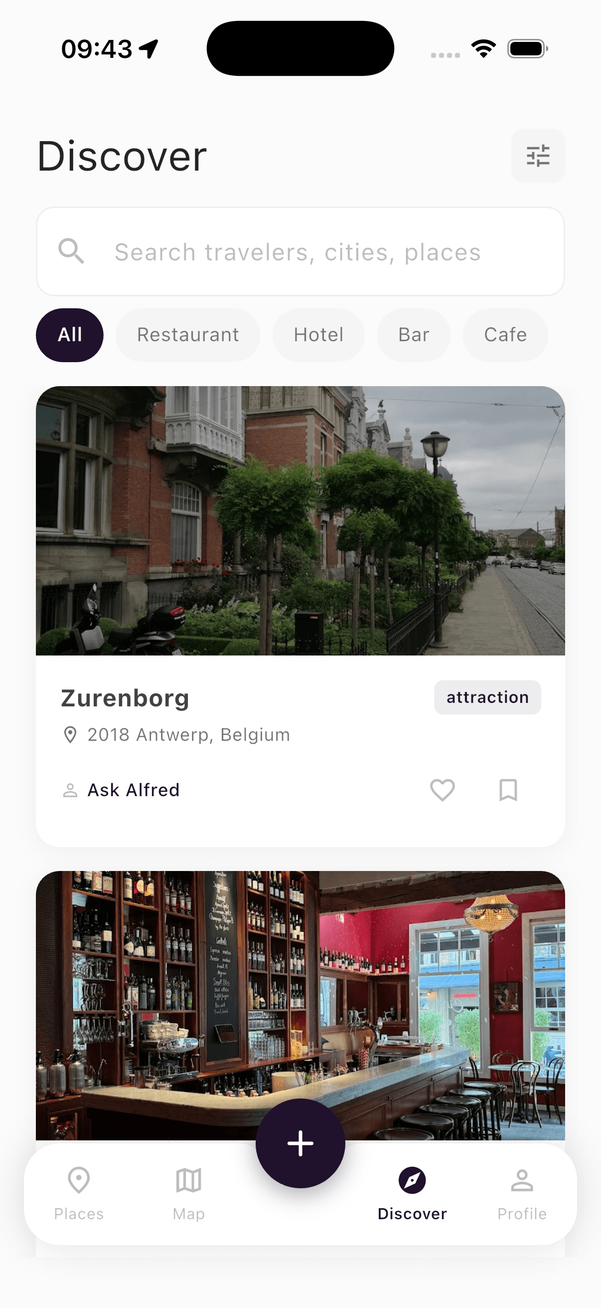Discover tab — find travelers and public places
